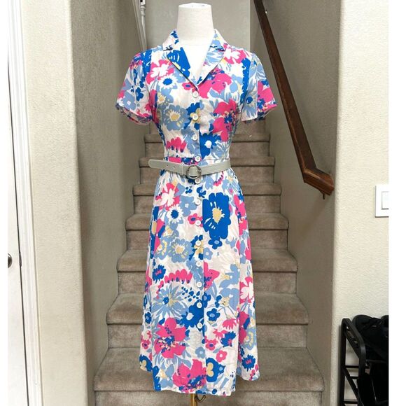 Modcloth Dresses & Skirts - ModCloth "Exciting Find" Blue & Pink Floral Pattern Belted Shirt Dress - Size S